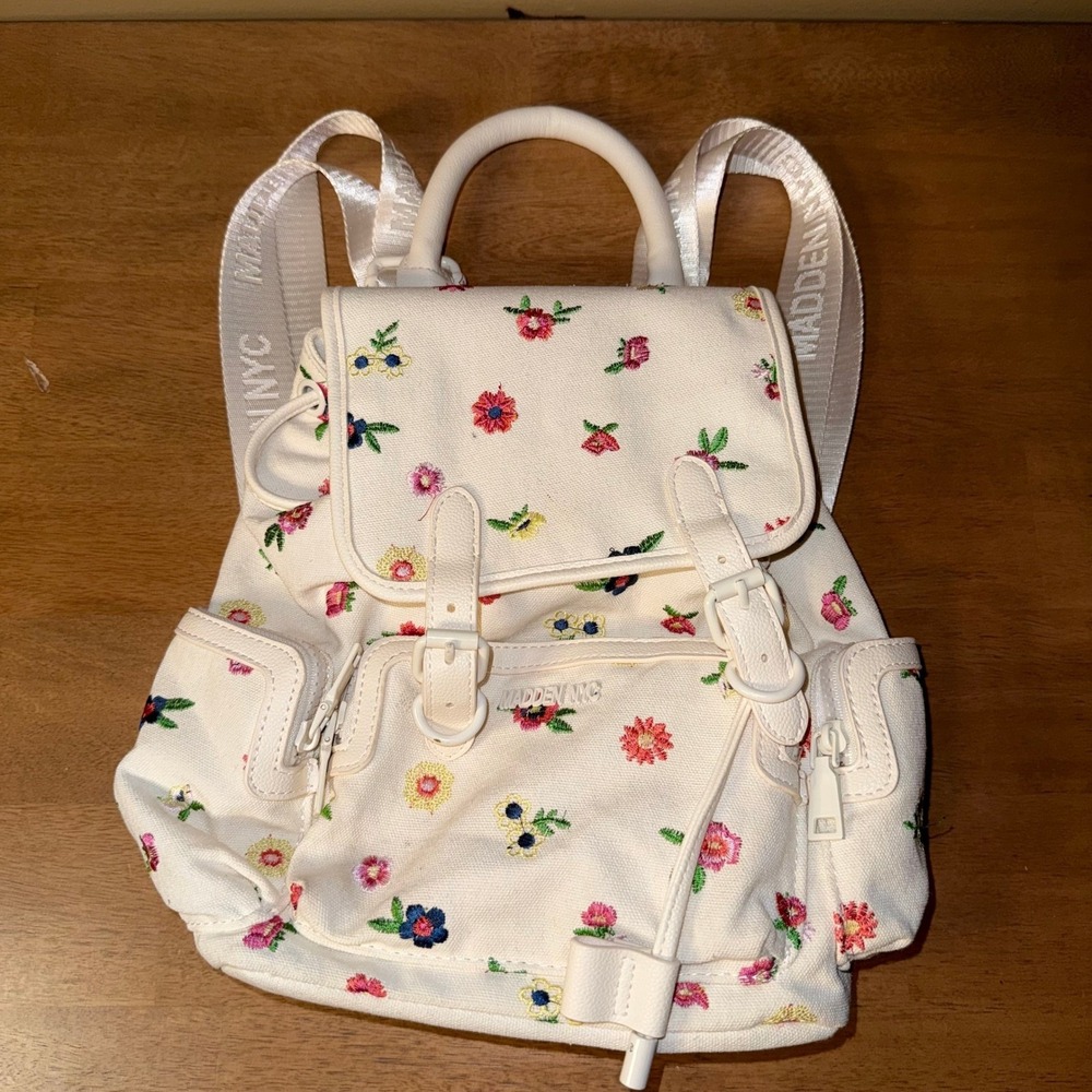 Madden NYC Floral Embroidered Mini Backpack Cream Canvas Buckle Flap Bag